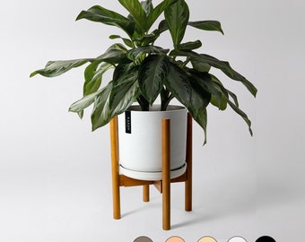 9" Signature Stone Planter Pot with Adjustable Dark Bamboo Stand Set