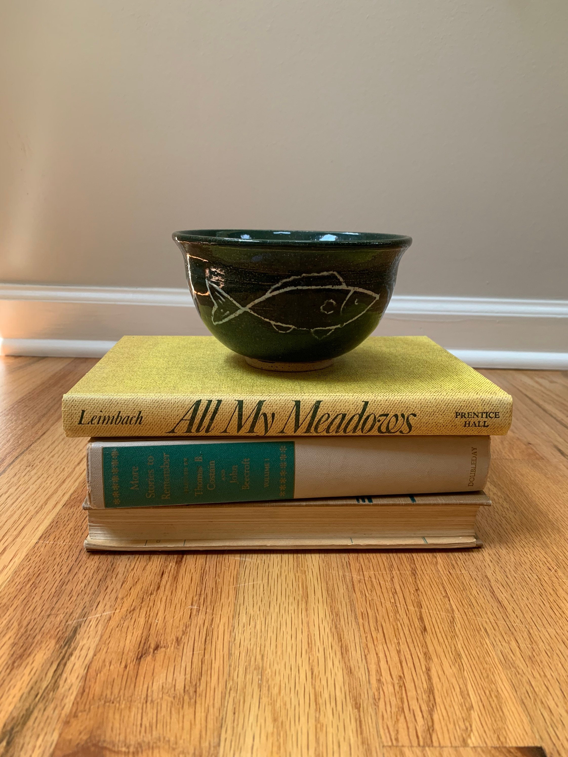 Green Ceramic Fish Bowl Vintage Pottery Bowl Etsy