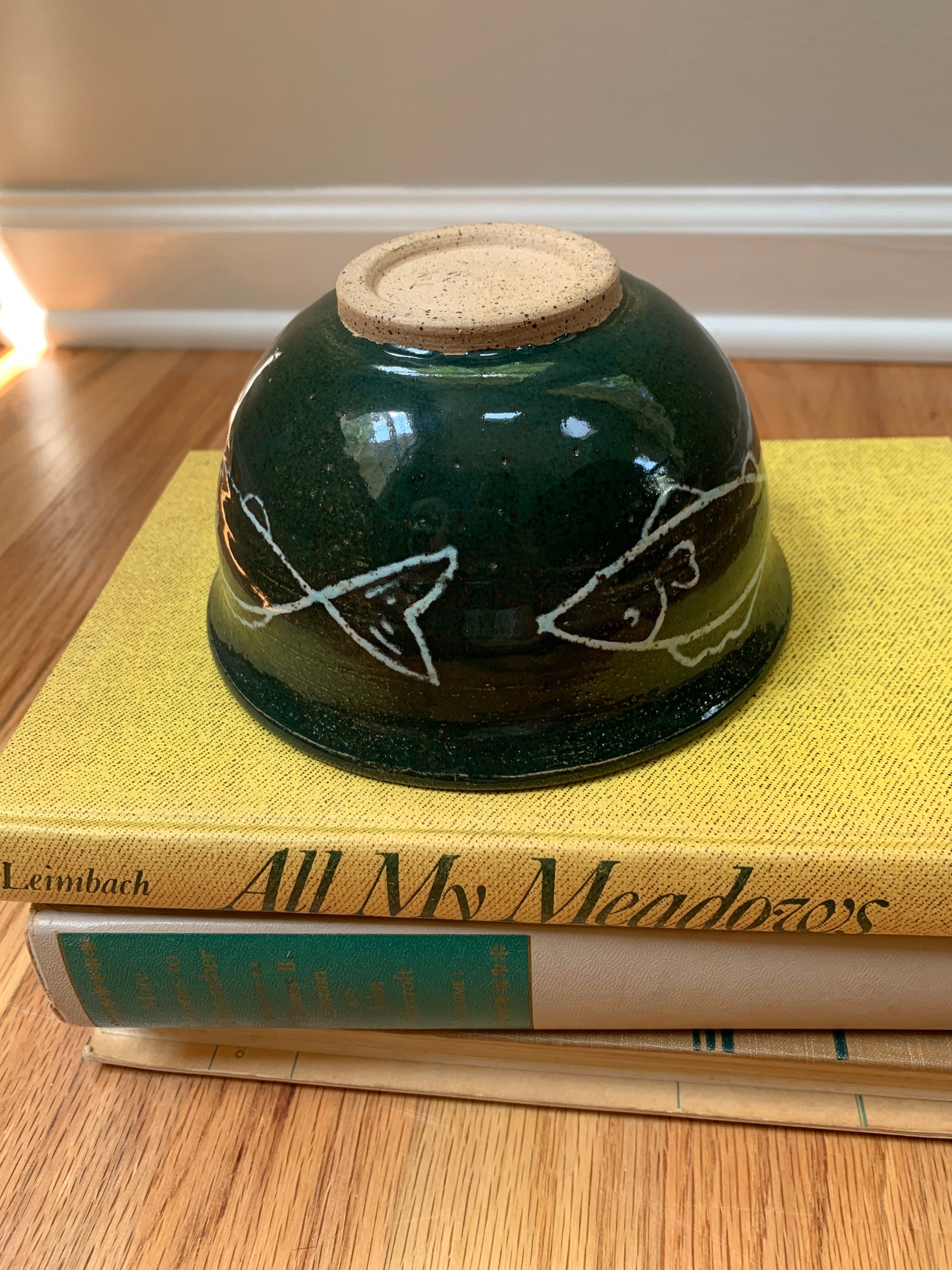 Green Ceramic Fish Bowl Vintage Pottery Bowl Etsy