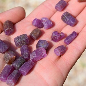 May include: A collection of small, rough, purple gemstones, likely rubies, in a hand. The stones are various shades of purple and have a slightly metallic sheen.