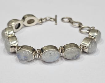 925 Sterling Silver Rainbow Moonstone Bracelet • Natural Moonstone Jewelry • Handmade Silver Link Bracelet • Healing Crystal Gift for Women