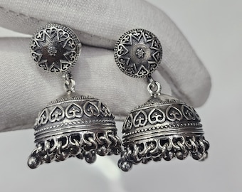 Pendientes Jhumka de plata de ley 925, Jhumki tradicional con forma de cúpula oxidada, pendientes étnicos de plata india, joyería artesanal llamativa