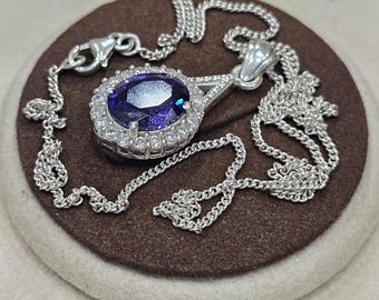 Purple Moissanite Halo Pendant Necklace: 925 Sterling Silver, Oval Cut