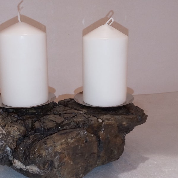 Double candlestick on a river boulder, beautiful unusual texture adds charm to any place
