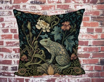 Mystic Toad Charm Pillow William Morris Style Emerald Forest Green Frog Art Nouveau Lover Gift