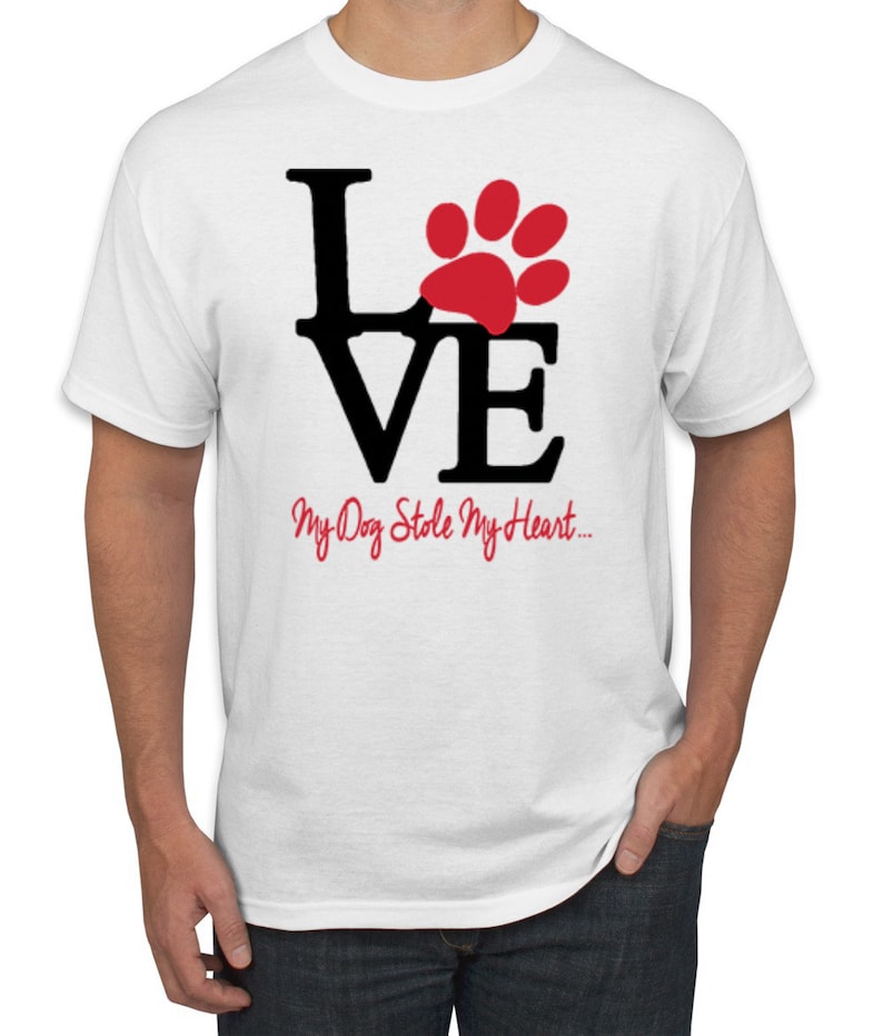 Love My Dog Stole My Heart Red Pawprints Dog Lover Men/'s Graphic T-Shirt