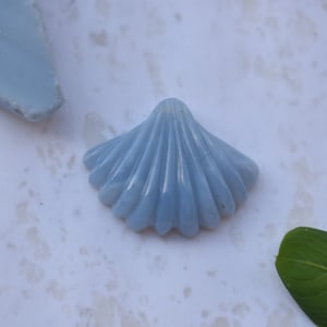 May include: A light blue, shell-shaped, carved gemstone with a pointed top. The gemstone is smooth and polished.