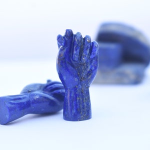 Könnte beinhalten: Zwei kleine, handförmige Skulpturen, die aus blauem Lapislazuli geschnitzt sind. Die Skulpturen sind detailliert und haben eine glatte, polierte Oberfläche.