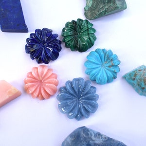 Carved Gemstone Flower Charm : Lapis, Opal, Turquoise, Malachite (25mm)