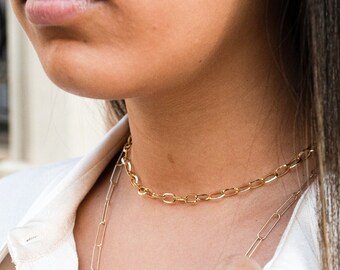 Thick chain necklace, Paper clip chain, Gold choker necklace, Chunky necklace, waterproof necklace