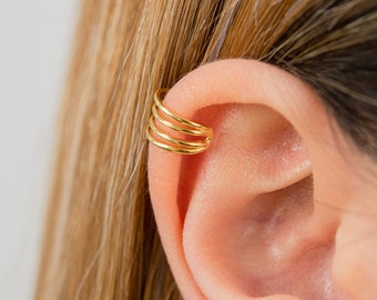 Pendientes ear cuff cuatro bandas, Pendientes minimalistas, Ear cuff cuádruple, Piercing sin agujero, Pendientes de cartílago