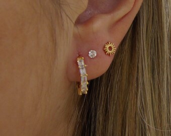 Baguette CZ Hoops, Tiny hoop earrings, Small hoops, Baguette Huggies, Baguette earrings