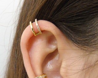 Cz ear cuff, Gold ear cuff,  Double band ear cufff,  Dainty cz ear cuff, Gold ear cuff, No piercing cartilage earring, Huggie ear cuff