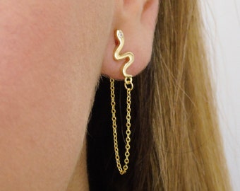 Snake earrings, Dainty earrings, Dangle chain earring, Minimalist earrings, Delicate earrings, Long earrings