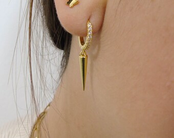 Spike cz hoops, Huggie hoops, Minimalist spike hoops, Cz gold hoops, Tiny hoops, Dangling hoops