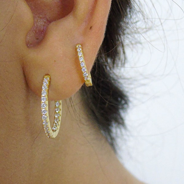 Minimalist pave zirconia hoops available 13mm, 16mm, 19mm, 22mm and 26mm.