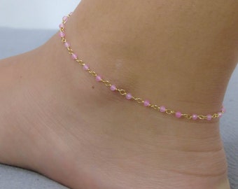 Dainty pink stone anklet, Silver anklet, Gold anklet bracelet, Summer jewelry, Rosary chain anklet