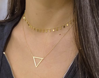 Dreieckige zierliche Halskette, geometrische Halskette, silbernes Dreieck, Brautjungferngeschenk, goldene Halskette für Frauen