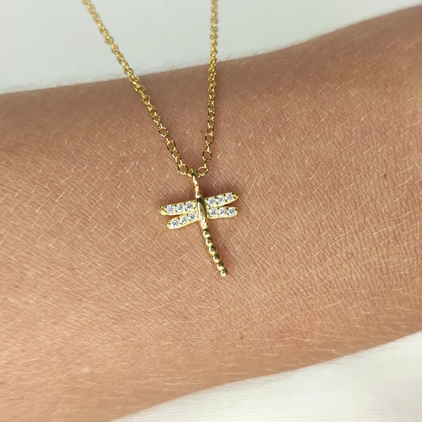 Cz dragonfly choker, Pendant necklace, Gold dragonfly, Delicate necklace, Bridesmaid gift