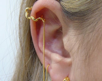 Ear cuff earring with chain, Threader earrings, Ear cuff chain, Long chain ear cuffs, Gold ear cuffs