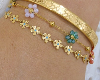 Gold flower bracelet, Daisy bracelet , Waterproof bracelet,  Enamel Turquoise bracelet