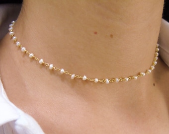 Pearl Neckalce, Dainty pearl choker necklace, 14k Gold Pearl Necklace, Pearl necklace, Gold choker necklace