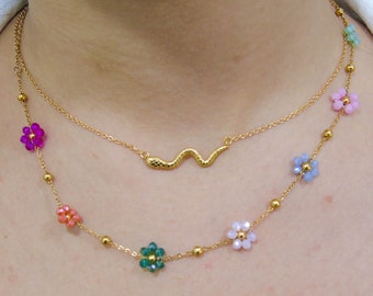 Flower necklace, Multicolored pearl necklace, Daisy flower choker, Tiny pearl choker