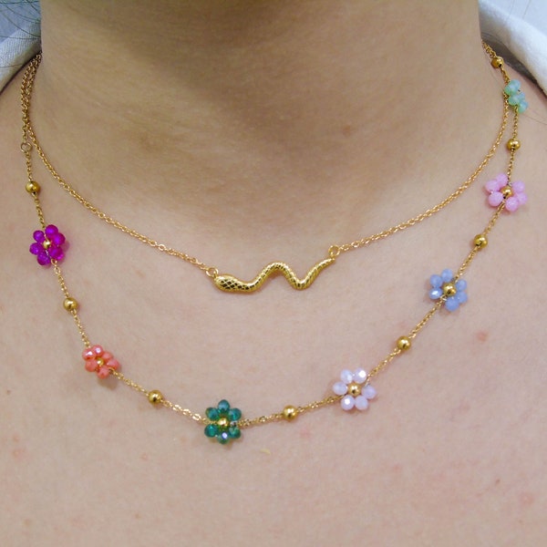 Flower necklace, Multicolored pearl necklace, Daisy flower choker, Tiny pearl choker