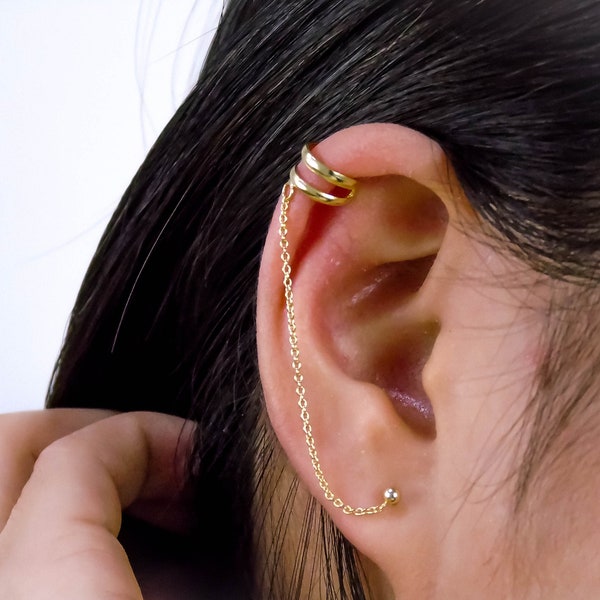 Ear cuff chain, Hoop ear cuff, Chain ear cuff no piercing, Double piercing, Fake conch piercing, Gold earrings
