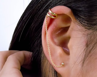 Ear cuff chain, Hoop ear cuff, Chain ear cuff no piercing, Double piercing, Fake conch piercing, Gold earrings