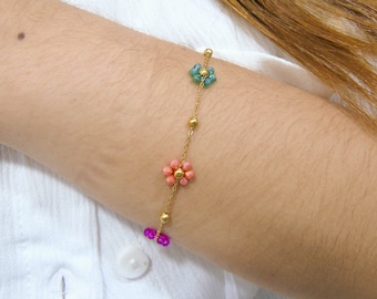 Chain bracelet, flower bracelet gold bracelet, summer bracelet, steel bracelet