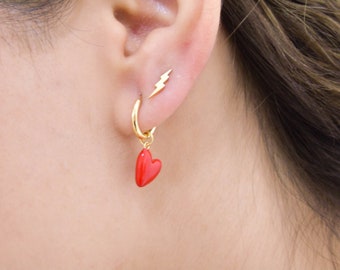 Heart hoop earrings, Gold enamel hoops, Red enamel earrings, Huggie hoops