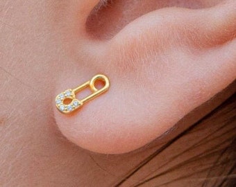 Safety pin earrings, Cz safety pin stud earrings, Gold plated pin earring, Minimalist earring, Trendy earrings