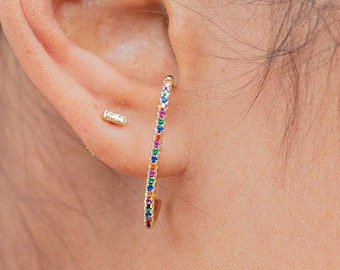 Cz lobe cuff, Rainbow stud lobe cuff, Suspender earrings, Lobe cuff stud, Minimalist earrings