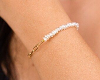 Paperclip chain bracelet, Link bracelets, Gold pearl bracelet