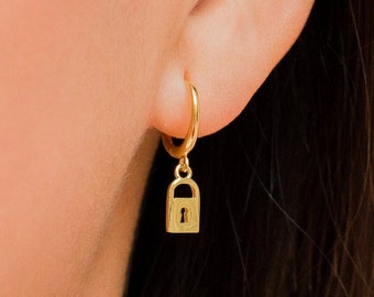 Padlock hoop earrings, Dainty gold hoops, Lock gold earrings, Gold earrings, Minimalist jewelry