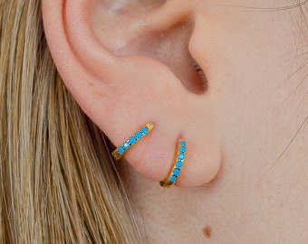 Cz hoop earrings, Dainty hoop earrings, Turquoise earrings, Tiny silver hoops, Gold hoop earrings