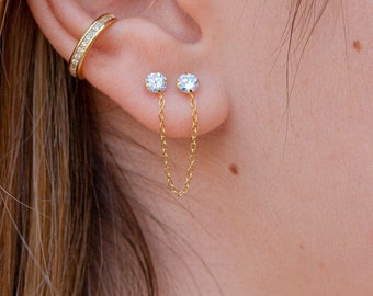 Kettingoorbellen met zirkonia's, Dangle Earring, Delicate gouden oorbel, Minimalistische oorbel