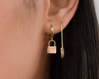 Lock Charm Hoops, Padlock Hoop Earrings, Dainty Gold Hoops, Personalized earrings