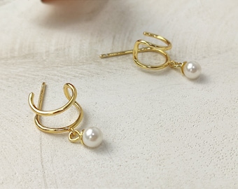 Gold pearl hoops, Double hoop earrings, Dainty pearl hoop earrings