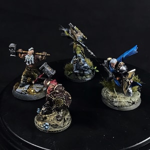 Op de afbeelding: Vier miniatuurfiguren geschilderd in een fantasievolle stijl. De figuren staan op ronde bases en staan in een vechtpose. De figuren zijn een dwerg met een hamer, een dwerg met een schild, een ridder met een zwaard en schild, en een krijger met een speer.