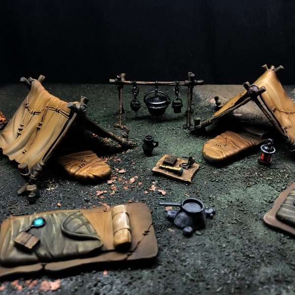 DnD Campsite for Dungeons and Dragons Scatter terrain DnD painted Pathfinder Heroquest Mini gaming Role playing dnd Baldurs gate campsite