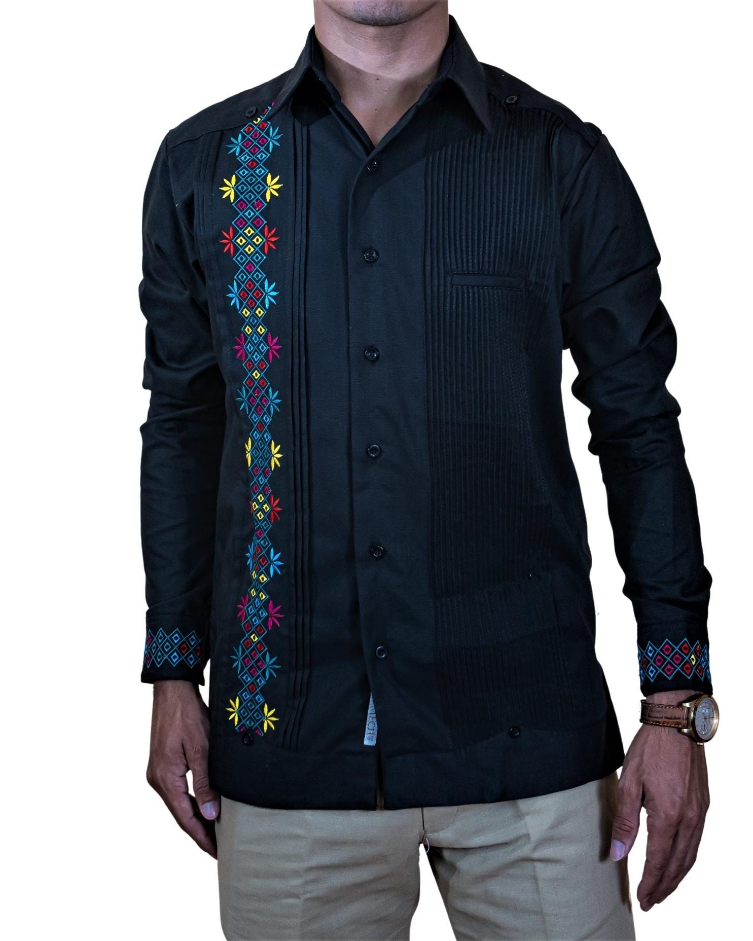 Guayabera Shirt Carnival Model Black in Flame Linen Fabric