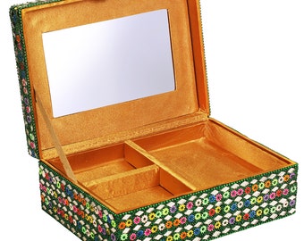 Mirror And Lac Work Jewelry Keepsake Trinket Box Storage Organizer Bead Work With Vanity Mirror Best Gifts for Her in Green Color