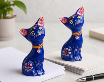 Handcrafted Blue Metal Cat Figurines Decorative Paperweights Desk Decor Unique Cat Lover Gift Office Accent Set Of 2