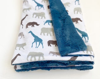Safari Animal Baby Blanket, Custom Baby Blanket, Blue Baby Blanket, Minky Blanket, Zoo Anima Baby Blanket, Blanket for boy, Baby Shower gift