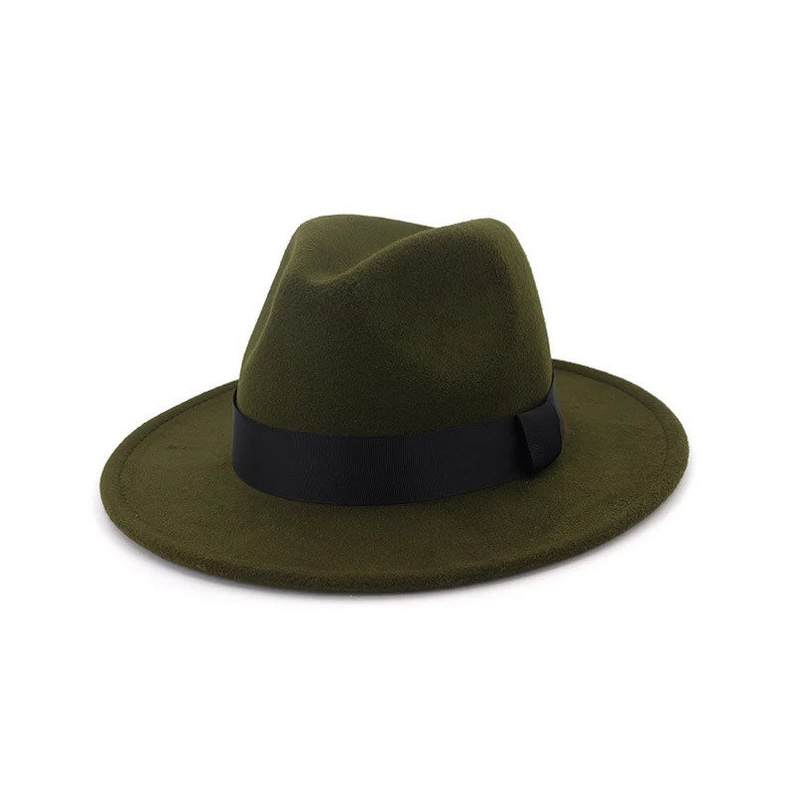 New Fedora Vintage Wool Wide-Brimmed Hat for Men Women's Green