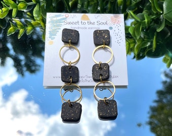 THE AUSTIN | black and gold earrings | dangle earrings | square and circle earrings | neutral earrings | gifts for her | long earrings