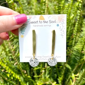 THE CRUELLA | gold black & white earrings | spotted earrings | gold bar earrings | handmade polymer clay earrings | neutral earrings