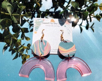 THE TWIST | multicolored marble & pink arch earrings | polymer clay dangle earrings | fun statement earrings | colorful jewelry